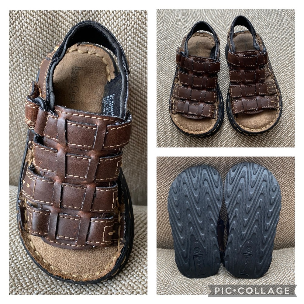 Little Boys Brown Open Toe Sandals with Velcro Closure. Woven Faux Leather. Sz 8